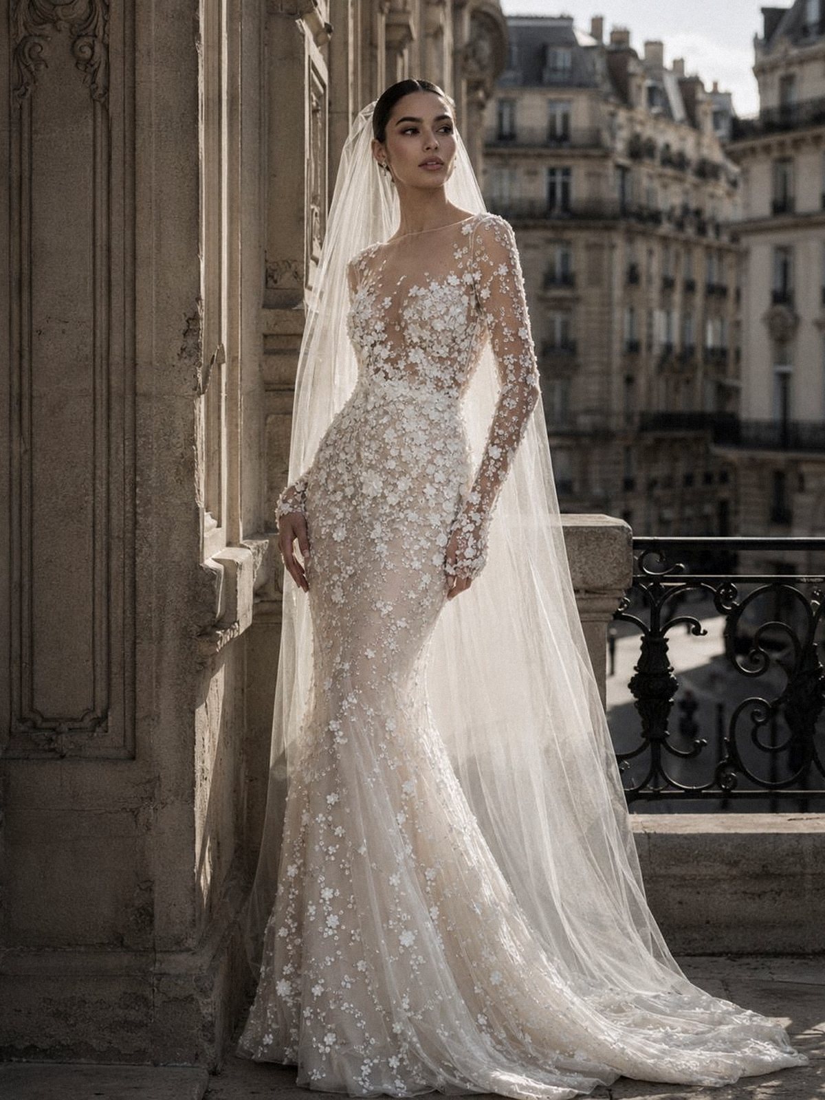 Illusion-sleeve floral appliqué custom wedding gown with full-length veil — Haniye Dubai