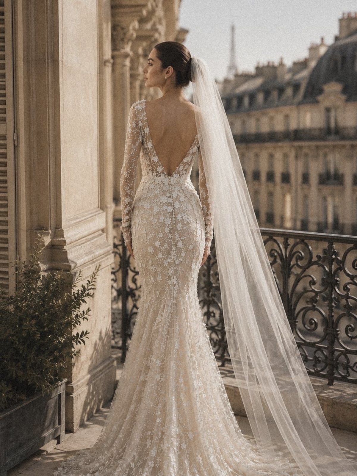 Low-back long-sleeve custom wedding gown with chapel veil — Haniye couture atelier, Dubai