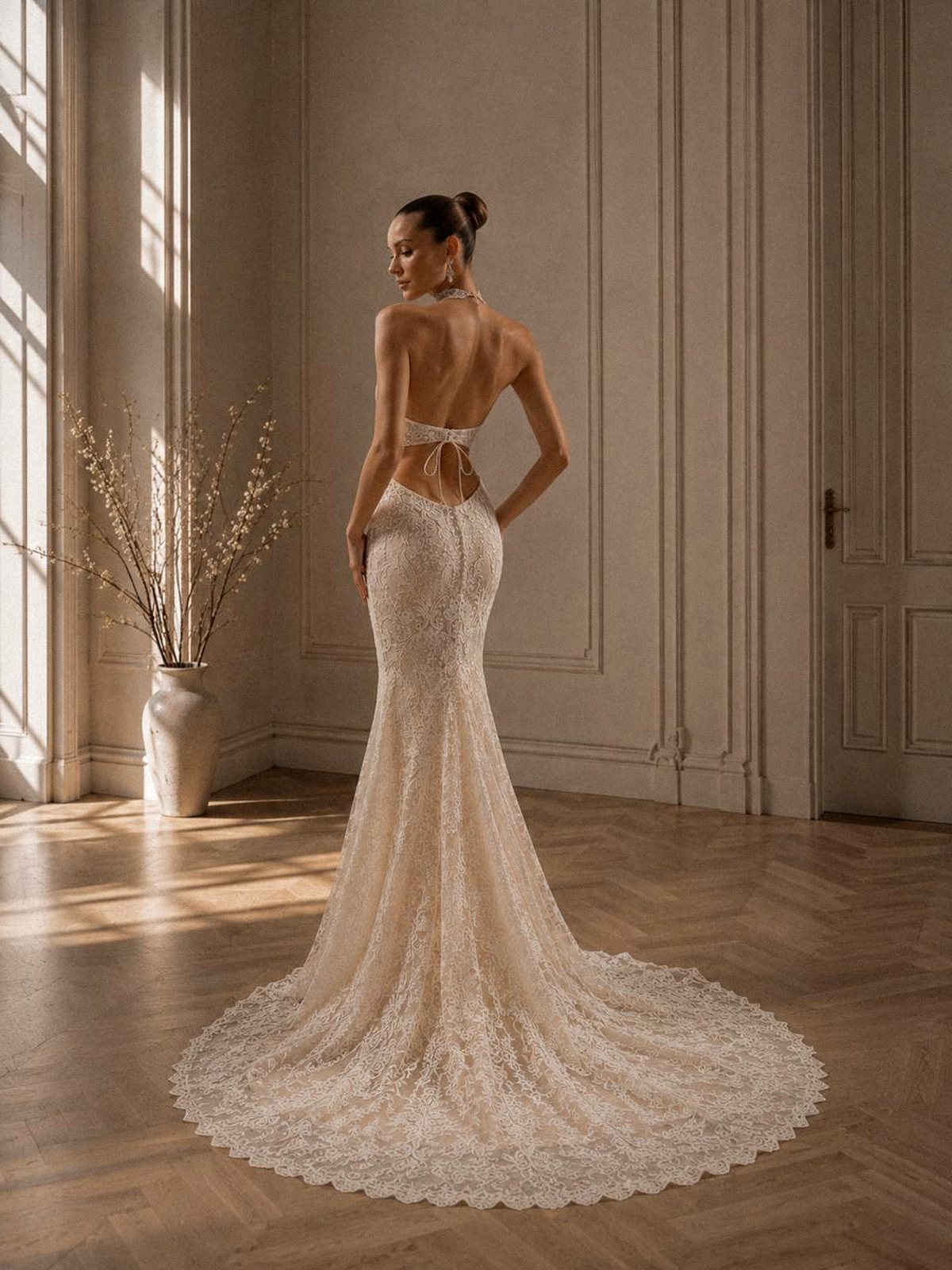 Ribbon-tie open back of a high-neck lace custom wedding dress — Haniye couture Dubai