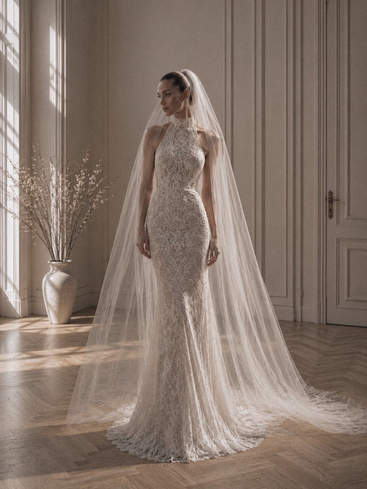 High-neck halter lace custom wedding dress with cathedral veil, made in Dubai by Haniye