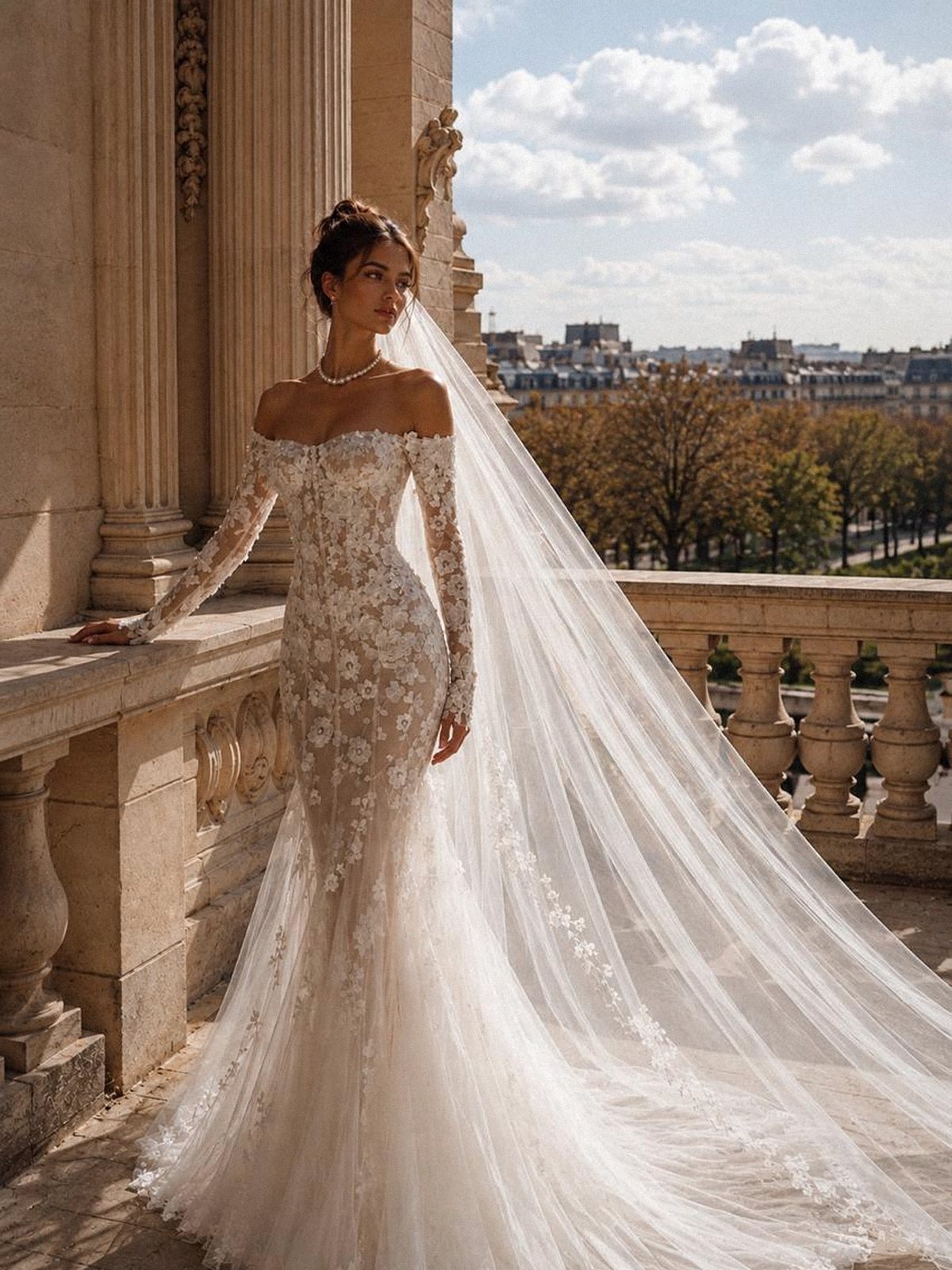 Off-the-shoulder floral lace custom wedding dress on a stone balcony — made in Dubai by Haniye