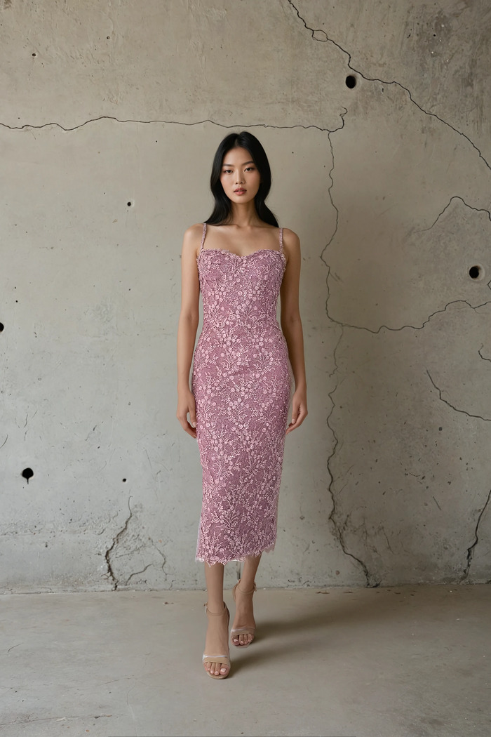Edition 02 — No. 002 — rose lace strappy midi dress, one-of-one couture piece, Haniye atelier Dubai