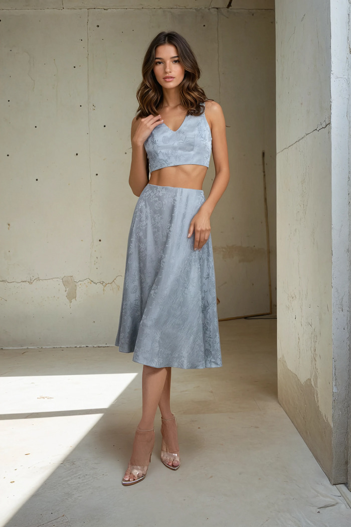 Edition 02 — No. 004 — slate print crop top midi skirt set, one-of-one couture piece, Haniye atelier Dubai