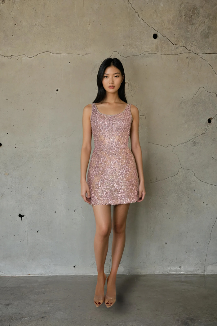 Edition 02 — No. 010 — mauve sequin mini dress, one-of-one couture piece, Haniye atelier Dubai