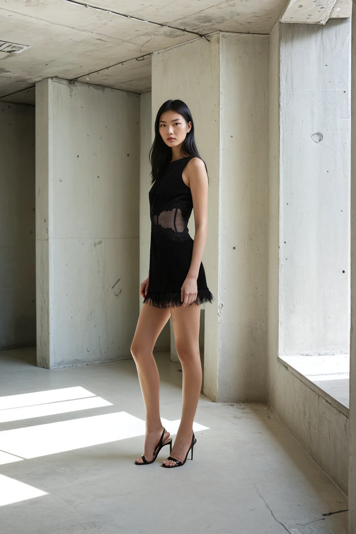 Edition 03 — No. 011 — black sheer panel feather hem mini dress, one-of-one couture piece, Haniye atelier Dubai