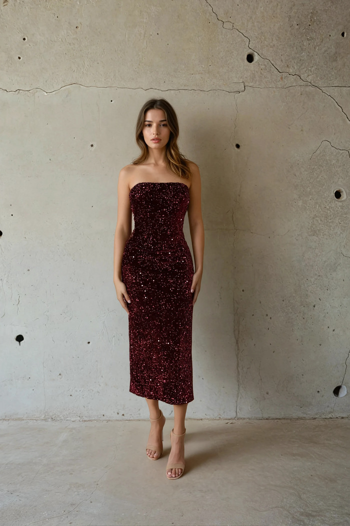 Edition 03 — No. 012 — burgundy sequin strapless midi dress, one-of-one couture piece, Haniye atelier Dubai