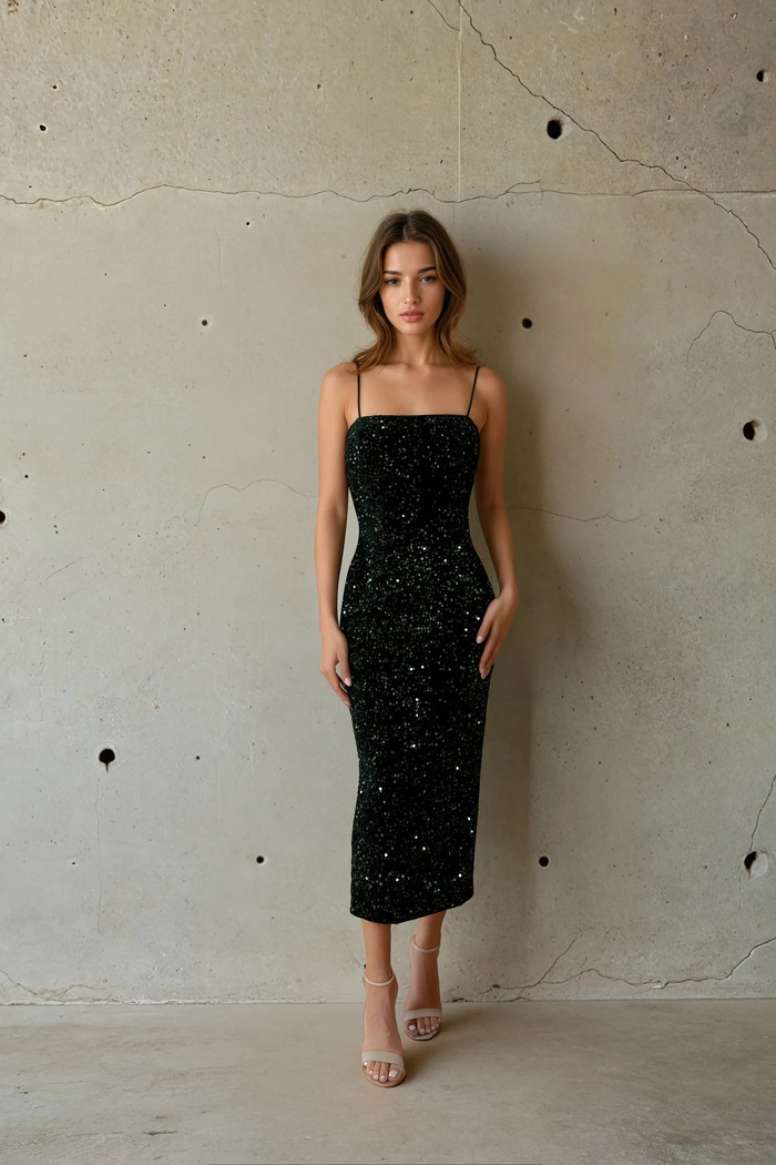 Edition 03 — No. 013 — deep green sequin strappy midi dress, one-of-one couture piece, Haniye atelier Dubai