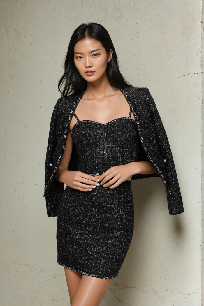 Edition 03 — No. 015 — black tweed bustier dress and jacket, one-of-one couture piece, Haniye atelier Dubai