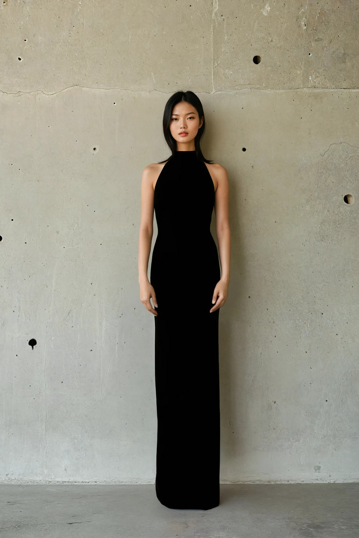 Edition 04 — No. 005 — black high neck column gown, one-of-one couture piece, Haniye atelier Dubai