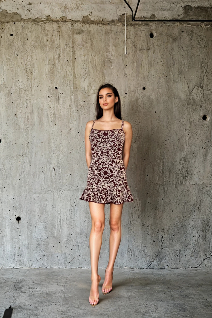Edition 04 — No. 007 — plum print strappy mini dress, one-of-one couture piece, Haniye atelier Dubai