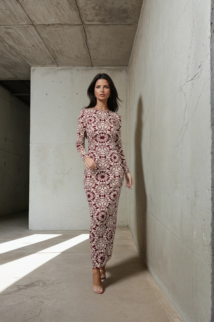 Edition 04 — No. 008 — bordeaux print long sleeve midi dress, one-of-one couture piece, Haniye atelier Dubai