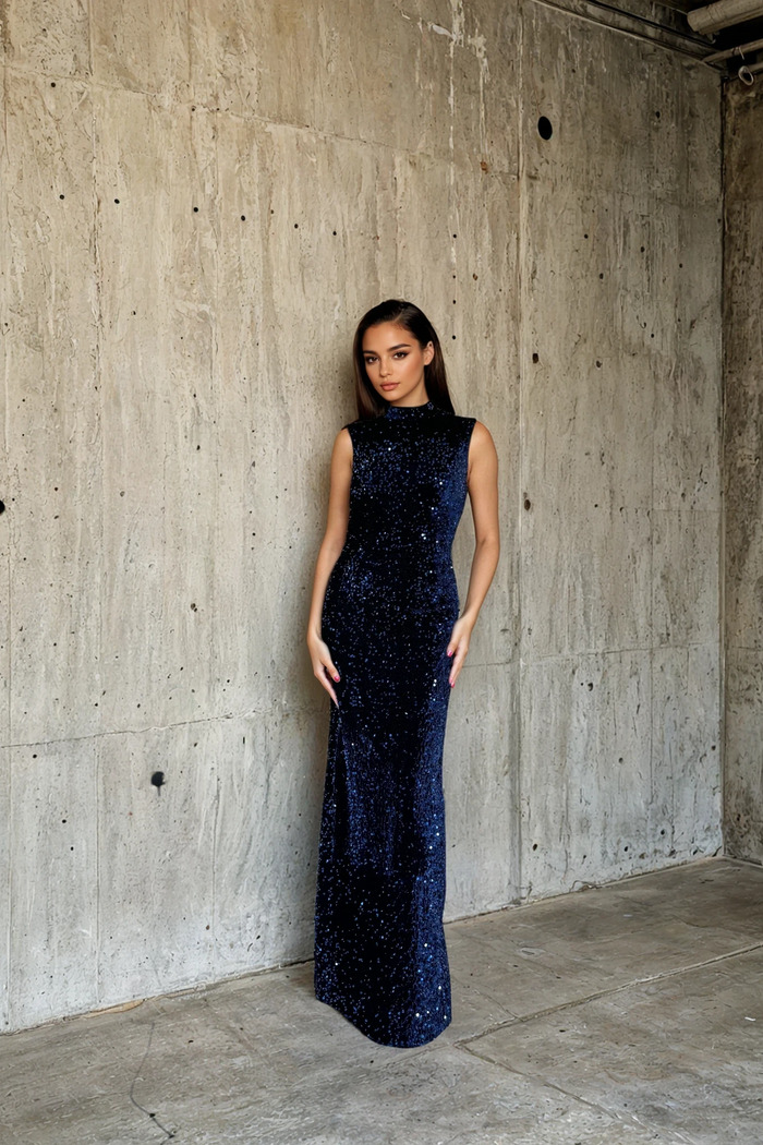 Edition 04 — No. 010 — midnight sequin high neck gown, one-of-one couture piece, Haniye atelier Dubai