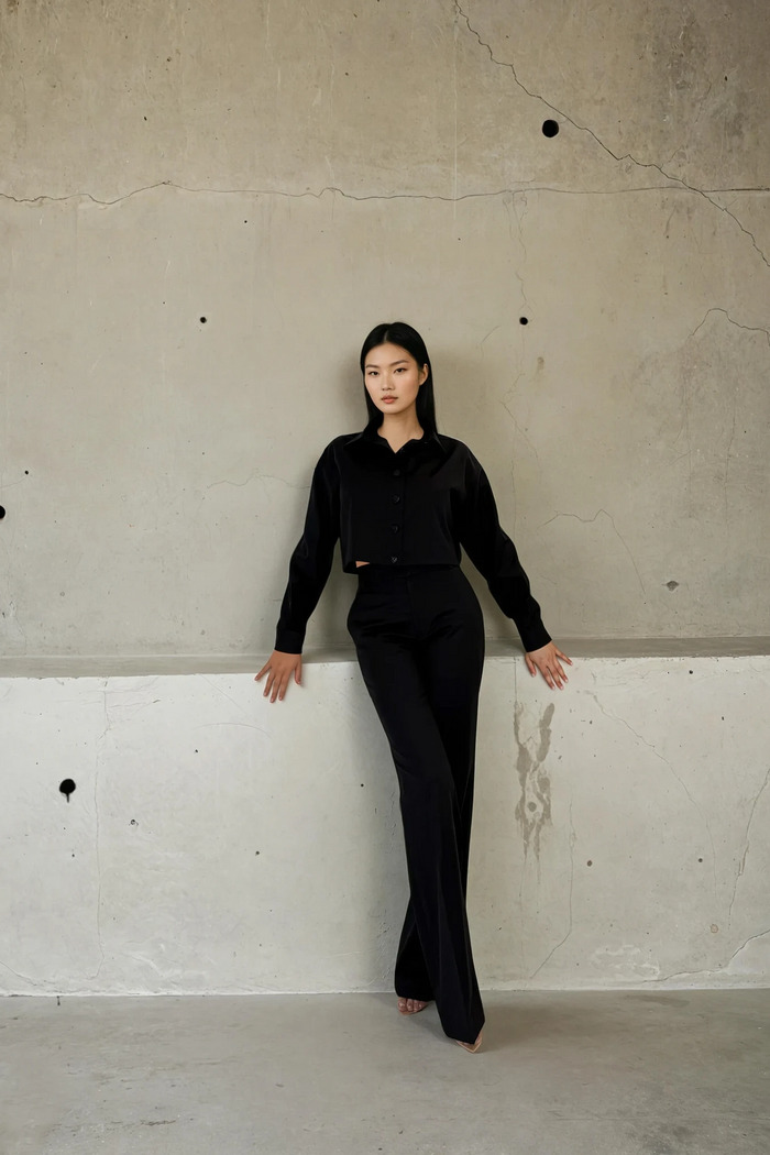 Edition 05 — No. 001 — black cropped shirt flared trousers, one-of-one couture piece, Haniye atelier Dubai