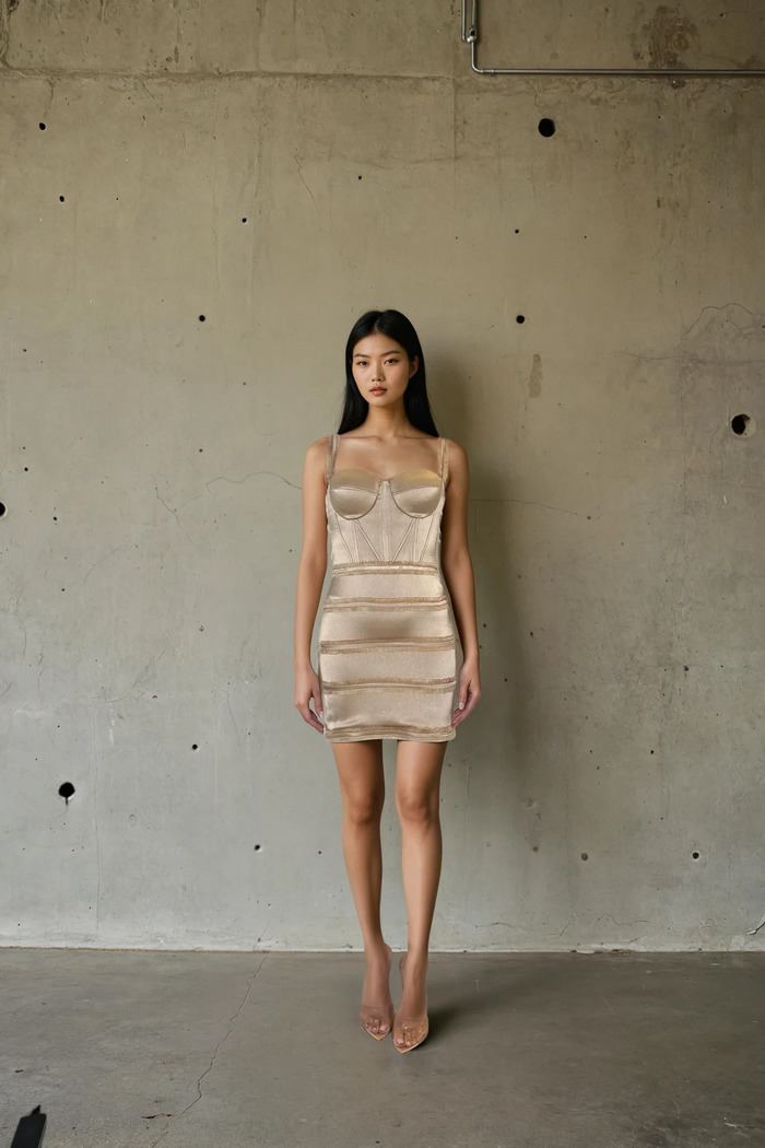 Edition 05 — No. 004 — champagne satin corset mini dress, one-of-one couture piece, Haniye atelier Dubai