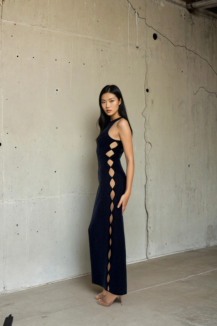 Edition 05 — No. 006 — navy cut out column maxi dress, one-of-one couture piece, Haniye atelier Dubai