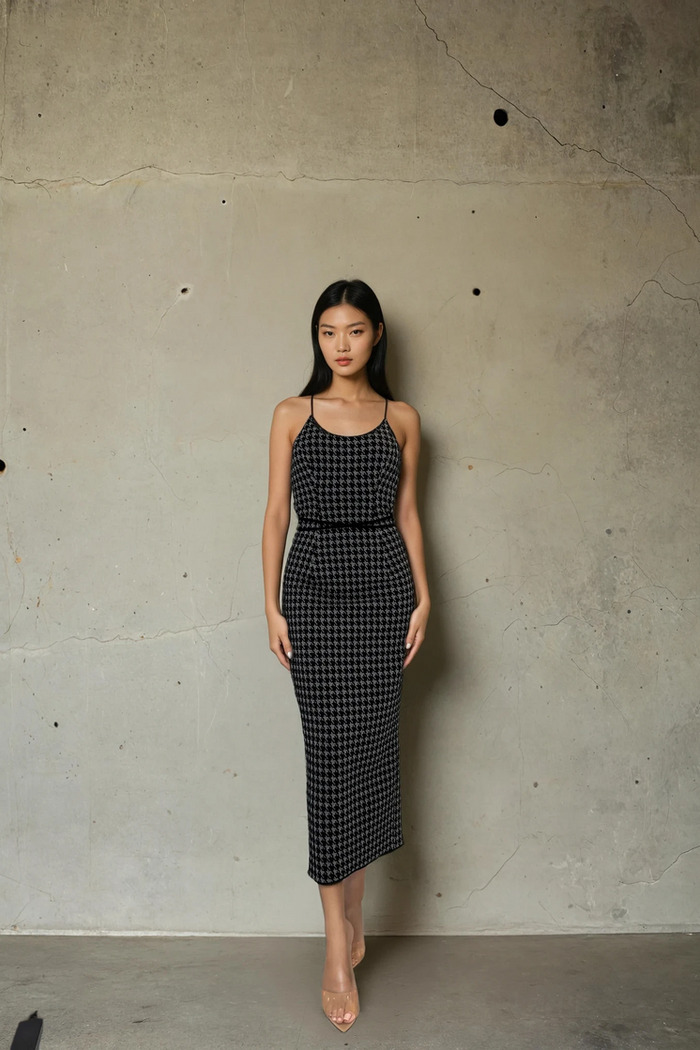 Edition 05 — No. 007 — monochrome check strappy midi dress, one-of-one couture piece, Haniye atelier Dubai