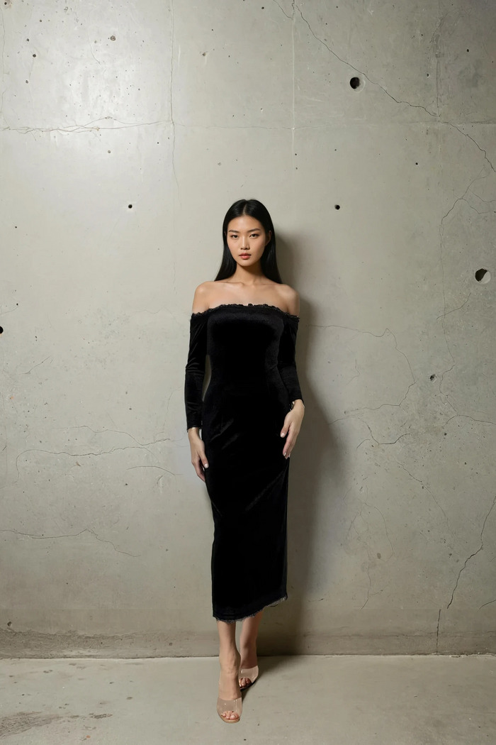 Edition 05 — No. 011 — black velvet off shoulder midi dress, one-of-one couture piece, Haniye atelier Dubai