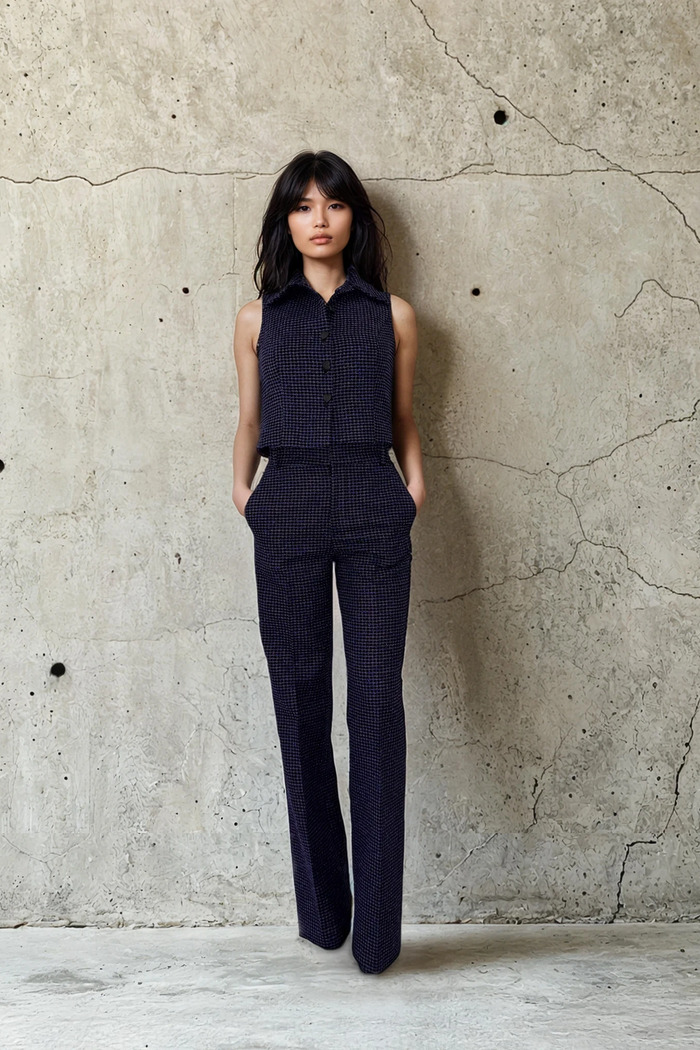 Edition 06 — No. 004 — navy sleeveless shirt trouser set, one-of-one couture piece, Haniye atelier Dubai