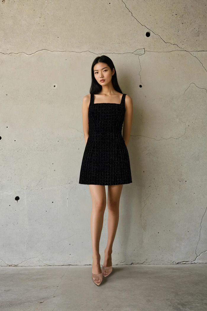 Edition 06 — No. 010 — black tweed square neck mini dress, one-of-one couture piece, Haniye atelier Dubai