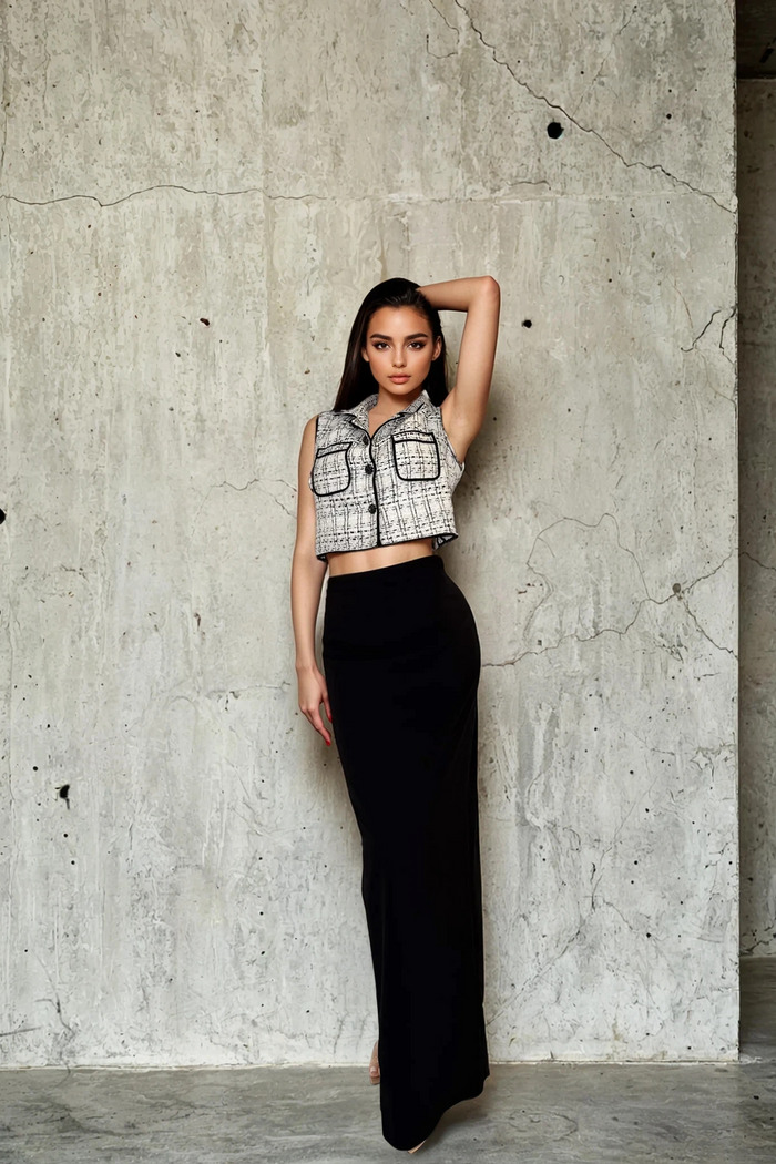 Edition 06 — No. 011 — tweed crop vest black maxi skirt, one-of-one couture piece, Haniye atelier Dubai
