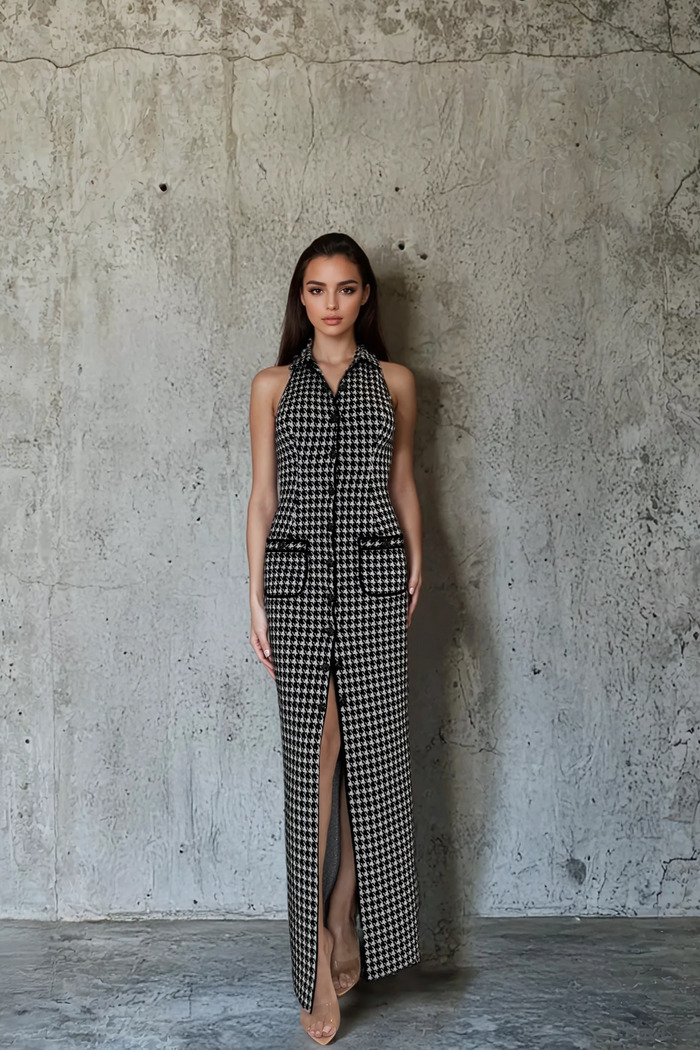 Edition 06 — No. 012 — houndstooth halter maxi dress, one-of-one couture piece, Haniye atelier Dubai