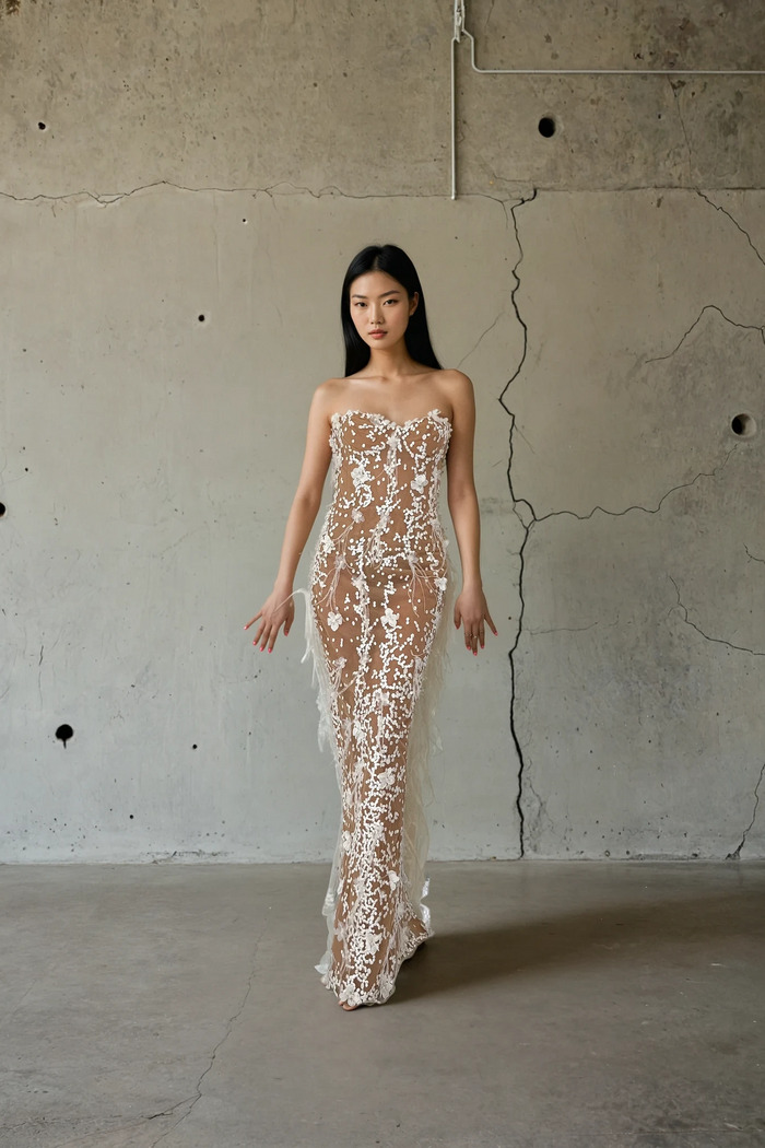 Edition 07 — No. 002 — sheer floral applique strapless gown, one-of-one couture piece, Haniye atelier Dubai