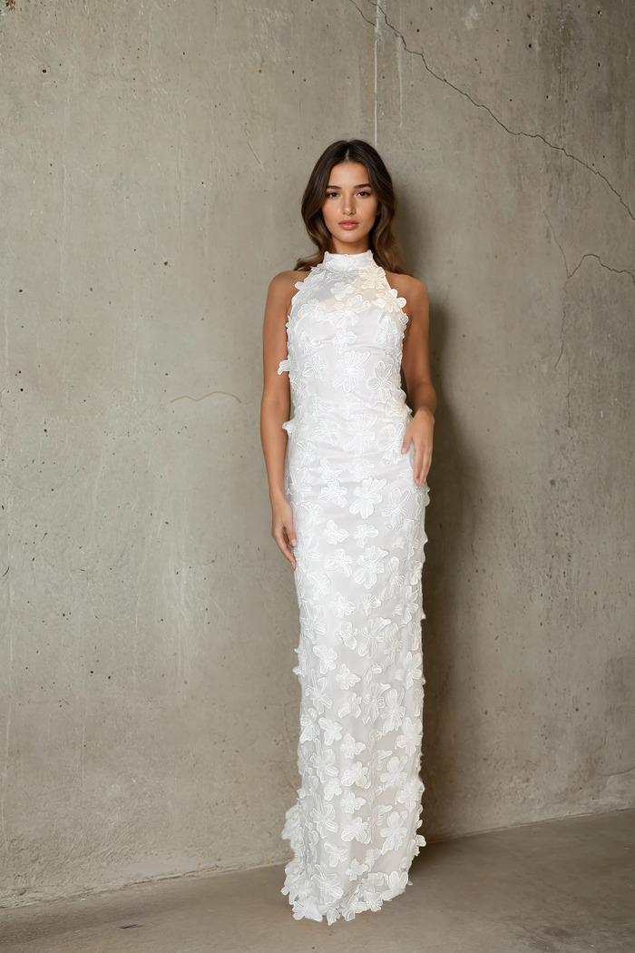 Edition 07 — No. 003 — white high neck petal column gown, one-of-one couture piece, Haniye atelier Dubai