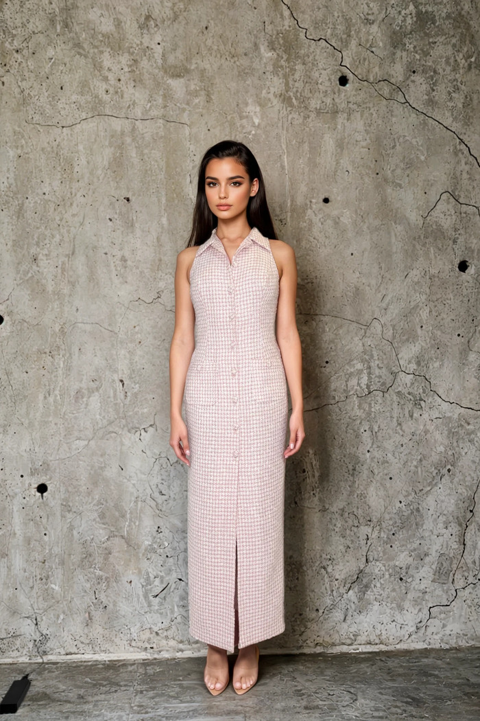 Edition 07 — No. 006 — blush check sleeveless midi shirt dress, one-of-one couture piece, Haniye atelier Dubai