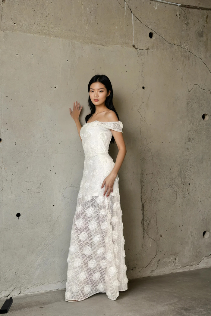 Edition 07 — No. 007 — white off shoulder sheer dot gown, one-of-one couture piece, Haniye atelier Dubai