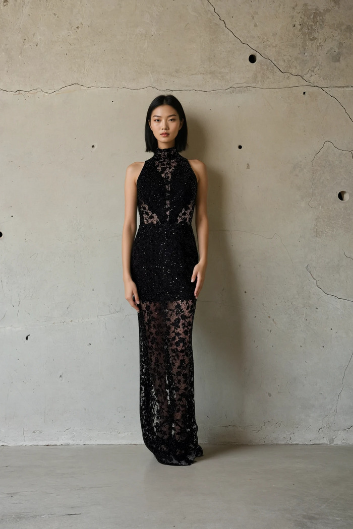 Edition 07 — No. 012 — black high neck lace column gown, one-of-one couture piece, Haniye atelier Dubai
