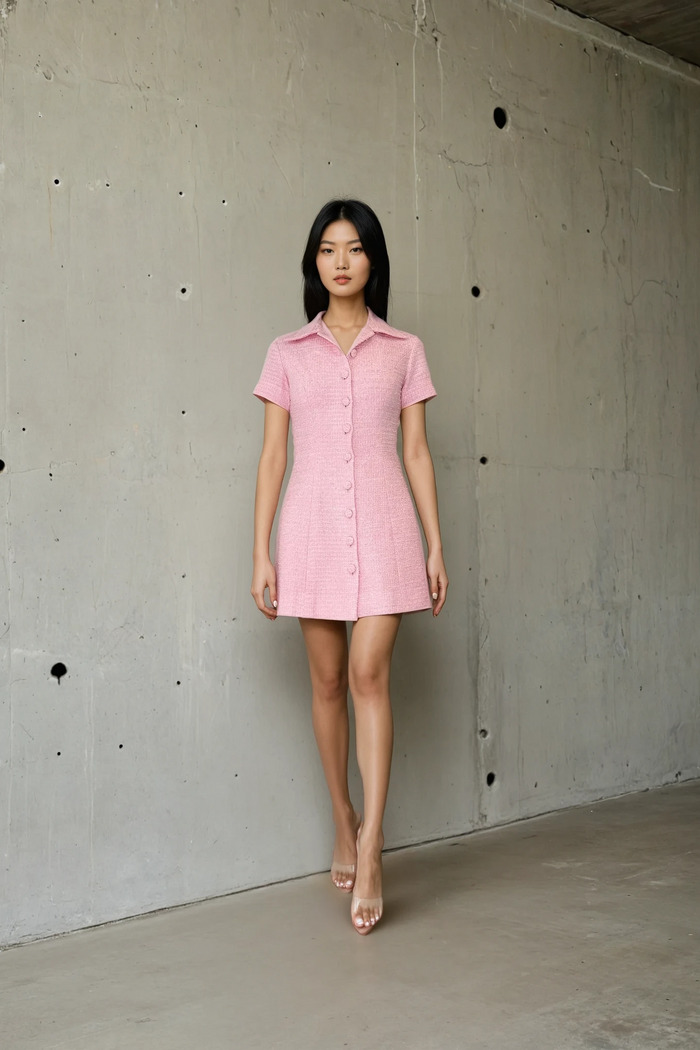 Edition 07 — No. 014 — pink button front mini shirt dress, one-of-one couture piece, Haniye atelier Dubai