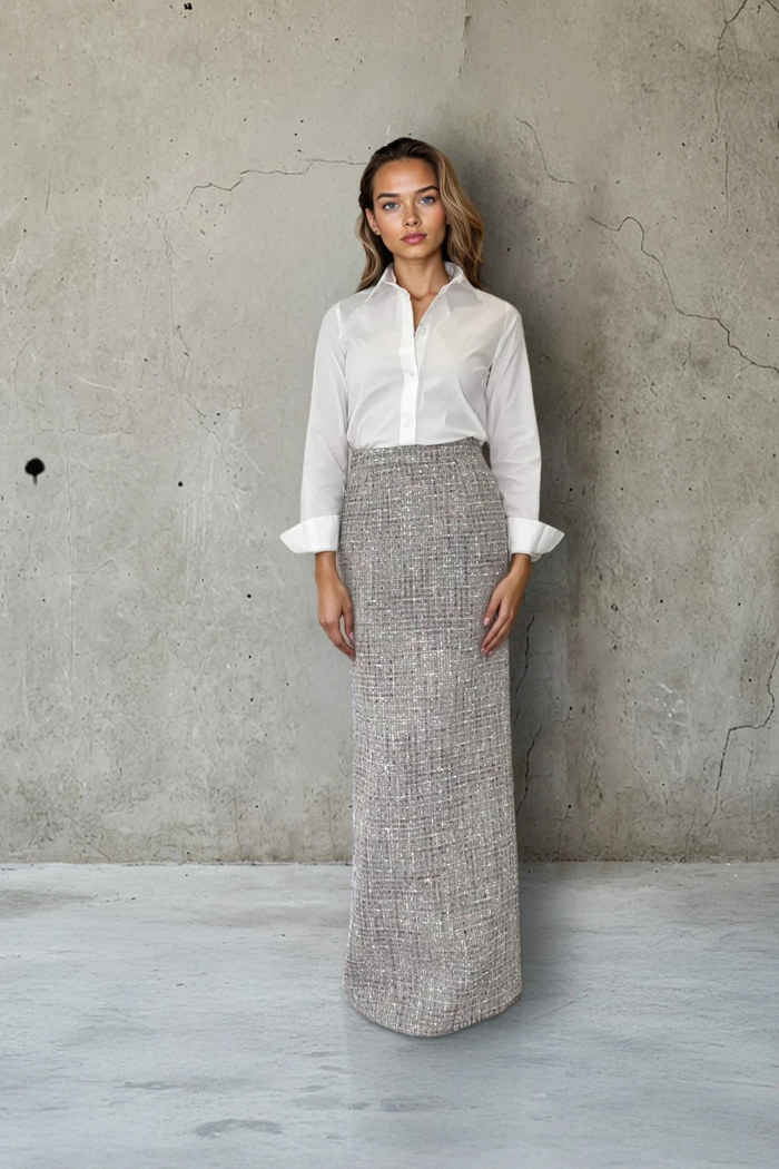 Edition 07 — No. 015 — white shirt grey tweed maxi skirt, one-of-one couture piece, Haniye atelier Dubai