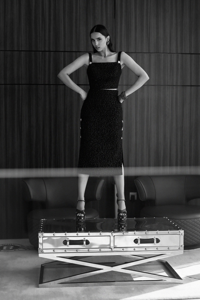 Edition 08 — No. 029 — black square neck fitted midi dress, one-of-one couture piece, Haniye atelier Dubai