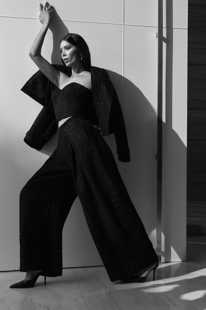 Edition 08 — No. 032 — black shimmer bustier jacket trousers, one-of-one couture piece, Haniye atelier Dubai