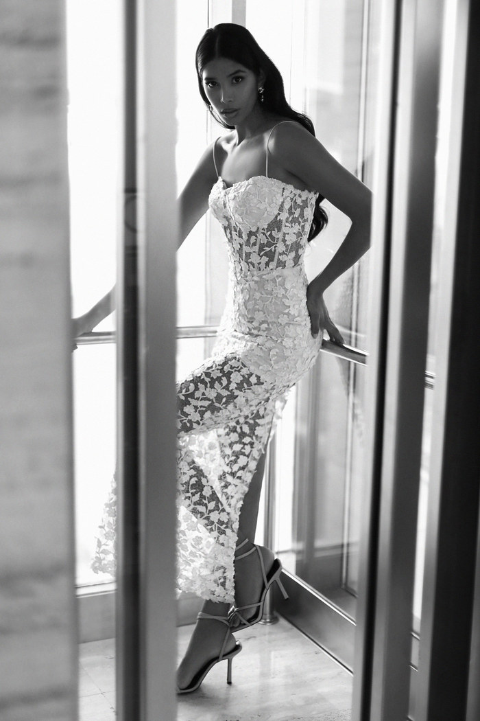 Edition 08 — No. 035 — floral lace strappy column gown, one-of-one couture piece, Haniye atelier Dubai