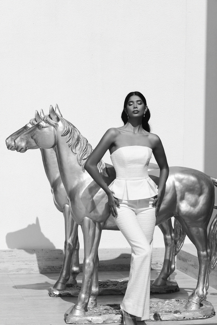 Edition 08 — No. 036 — white strapless peplum top trousers, one-of-one couture piece, Haniye atelier Dubai