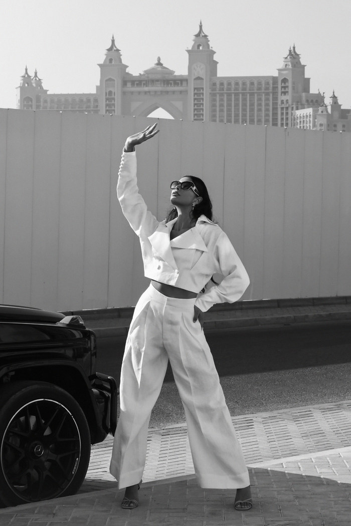 Edition 08 — No. 037 — white cropped jacket wide leg trousers, one-of-one couture piece, Haniye atelier Dubai